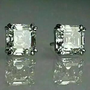 NWT-2Ct Asscher Moissanite Push Back Stud Earrings 14K White Gold Plated